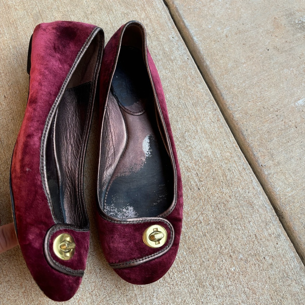 Coach Turnlock Burgundy Velvet Ballet Flats with Gold Accent - Picture 2 of 5